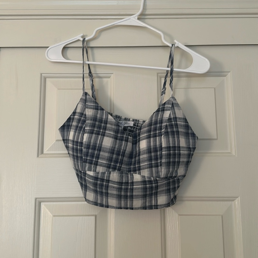 Medium blue and white plaid top with built in bra